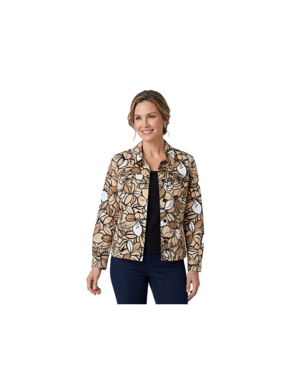 Alfred Dunner Womens Sz 12 Floral Jacket Tan Brown Black Button Front Blazer